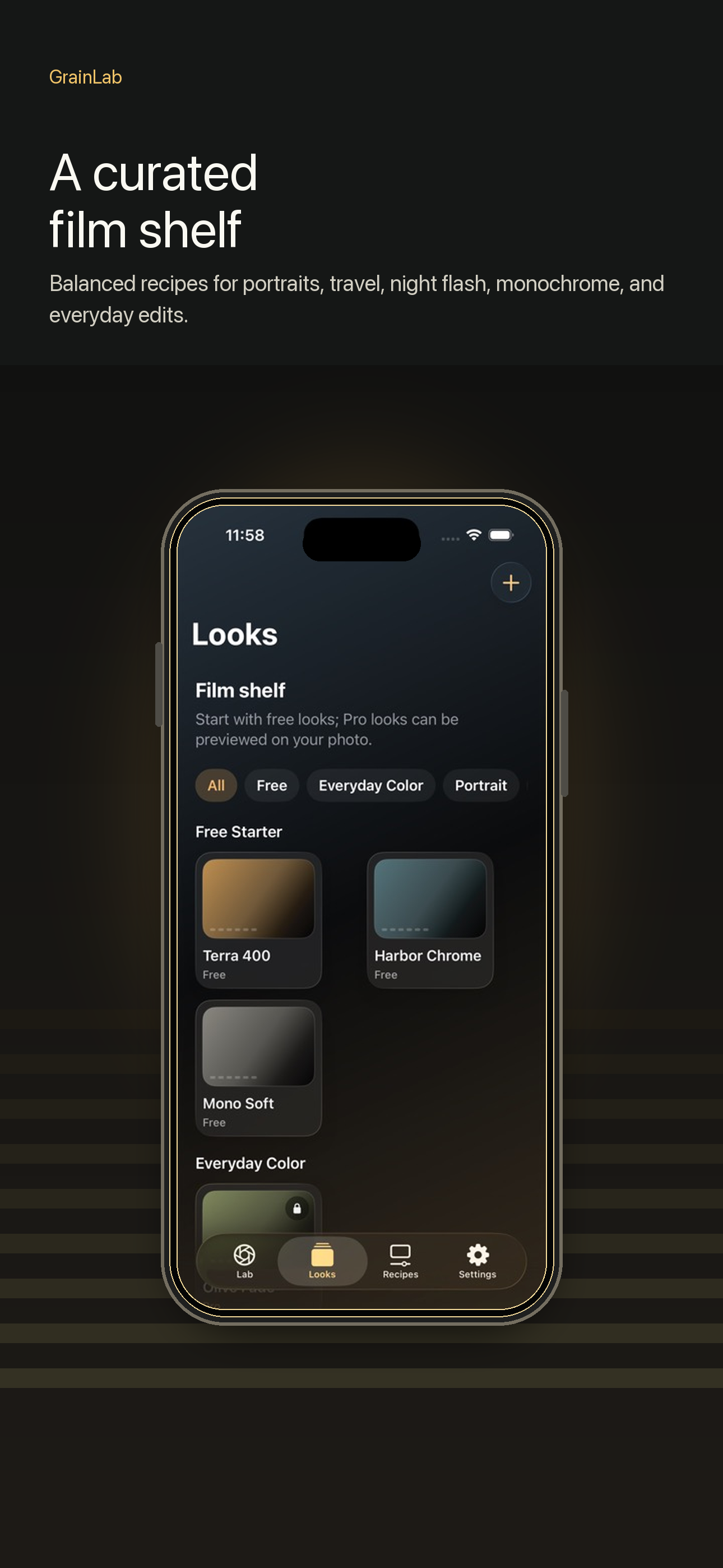 LumaTone look catalog screen