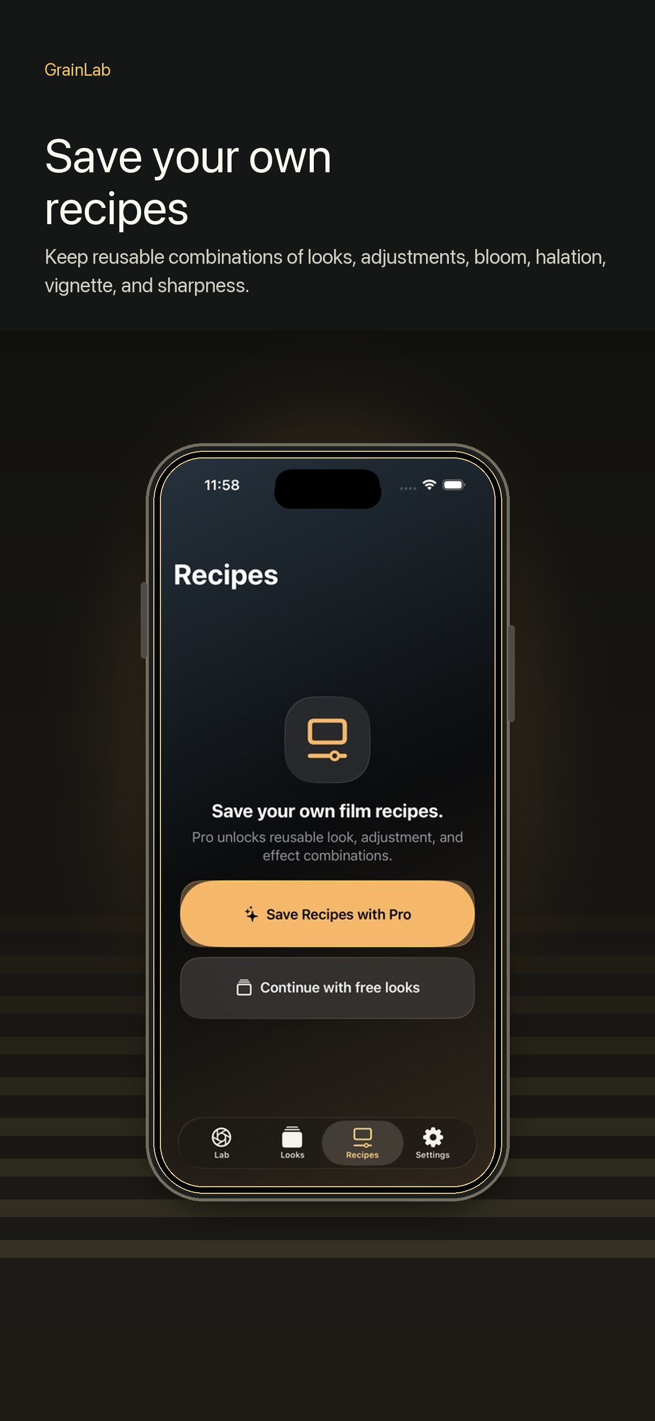 LumaTone recipes screen